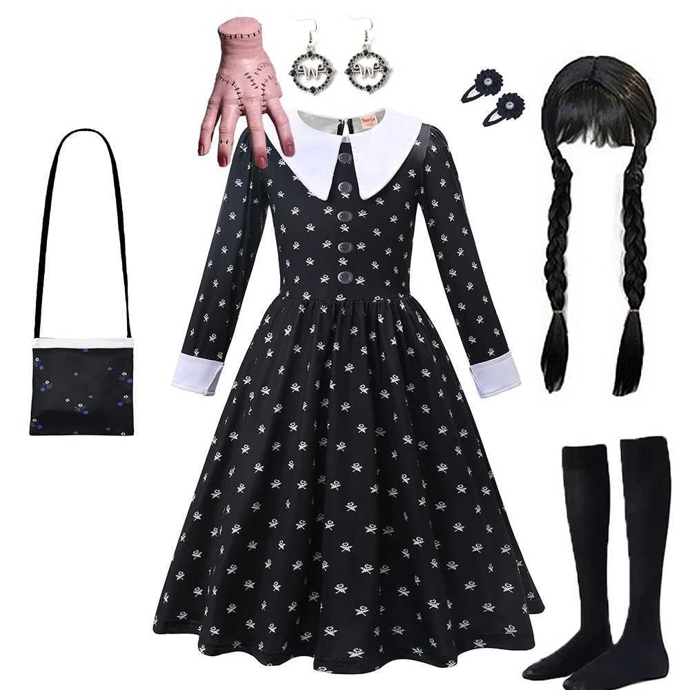 Halloween Movie Wednesday Costume Melina Adams Printed Long Sleeve Dress for Girls 2024 Carnival Party Childrens Gothic Costume W240914