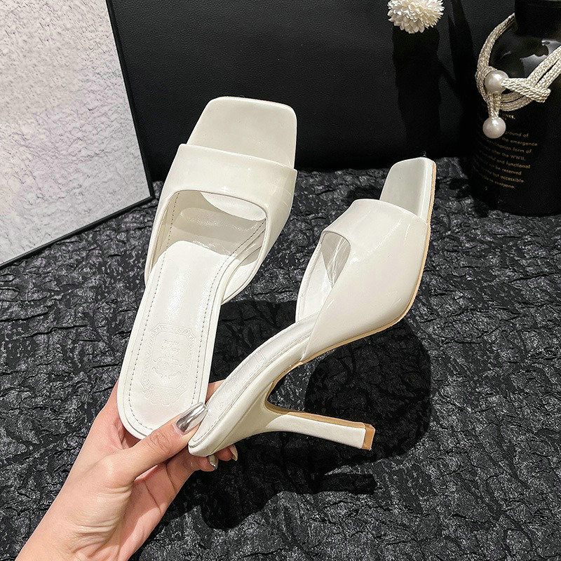 2024 New Summer Patent Leather High Heels Slides Thin Heels Square Head Open Toe Sexy Wear Slippers