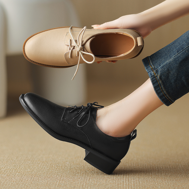 2024 New Spring Genuine Leather Round Toe Pumps for Women Low Heel Loafers Ladies Shoes Retro block 7603