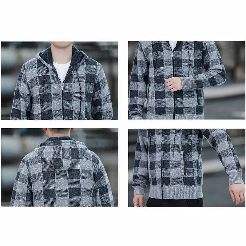Autumn New Mens Plaid Knitted Sweater Hooded Cardigan Warm Coat Trendy Zipper Jacket Fleece Blouse Winter Mens CardiganXJ240907