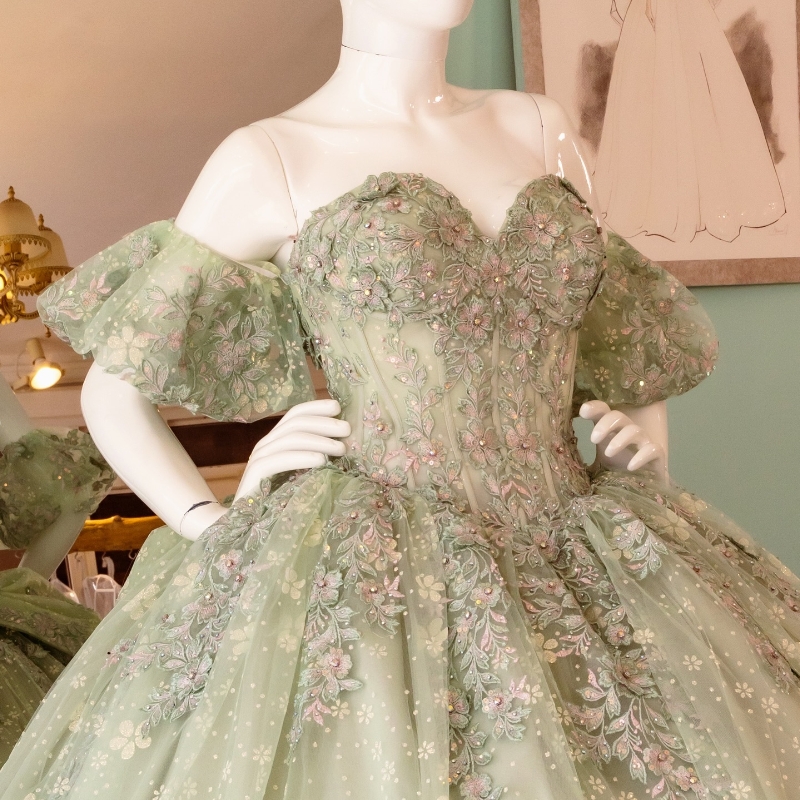 Sage Green Shiny Quinceanera Dress Ball Gown Lace Applique Bow Tull Corset Party Birthday Sweet 16 Dress Vestidos De 15 Anos