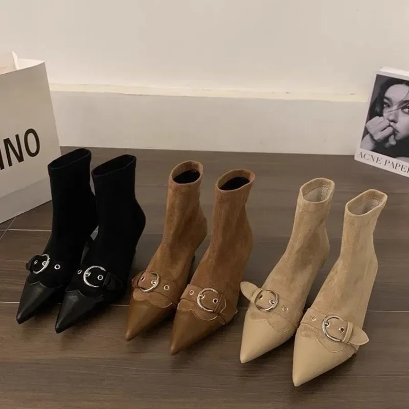 2024 Fashion Shoes Sleeve Women's Autumn Pointed Toe Solid Short Barrel Stilettos or Thin Heels Knight Boots b3a1