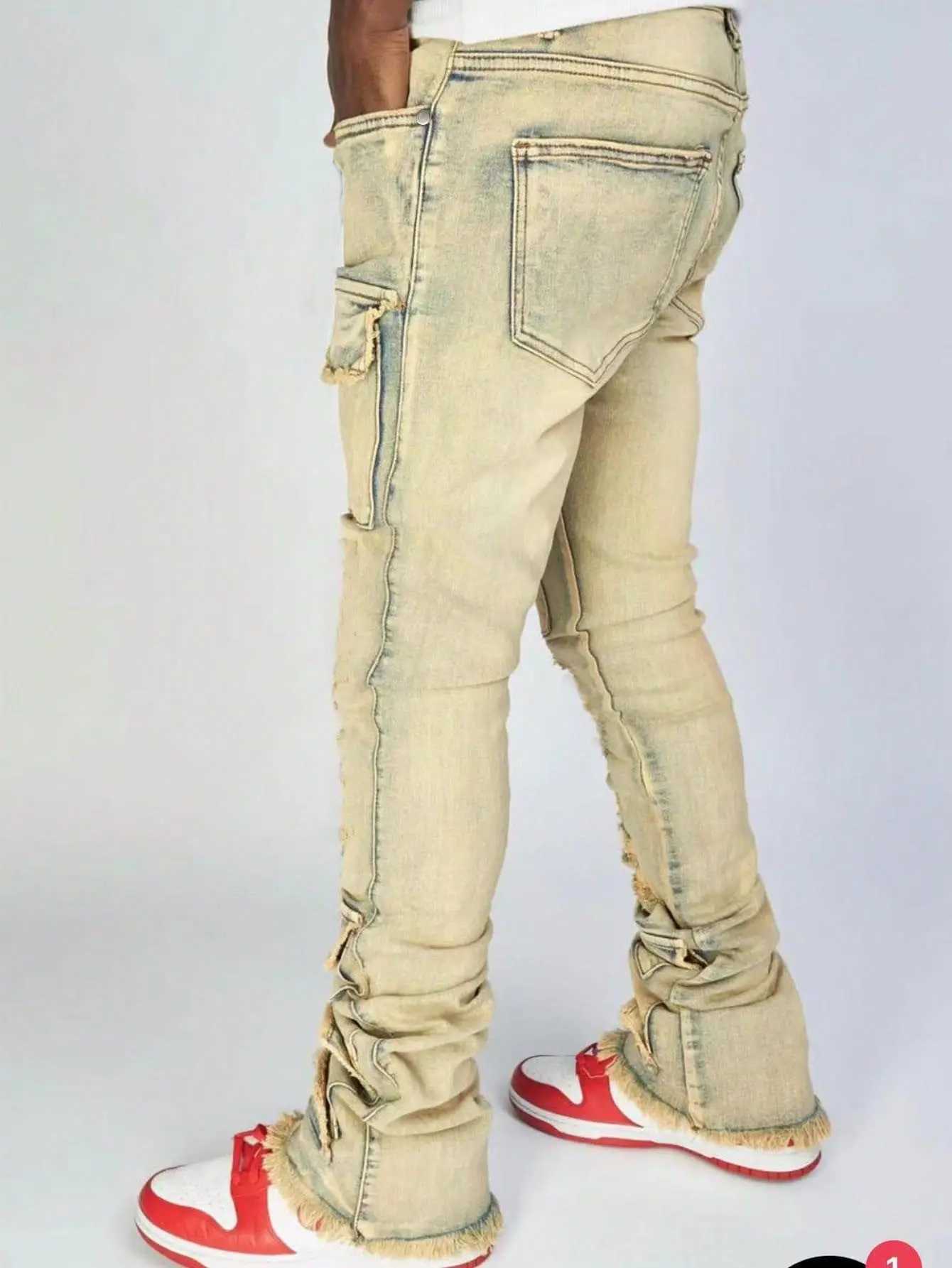 New vintage cargo jeans mens stretch torn washed Y2k pants straight leg mens patch denim Trouser CL240912