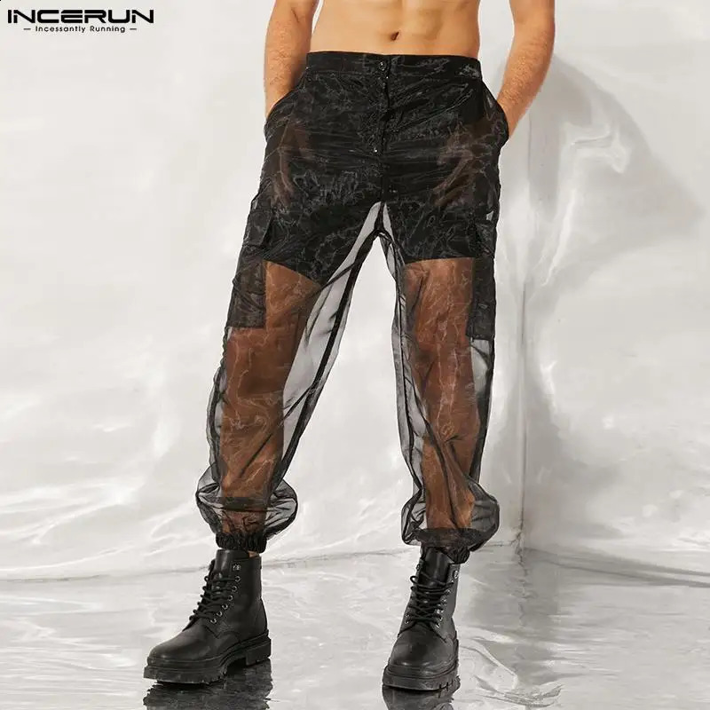 INCERUN Men Mesh Sleep Bottoms 2024 Lace Transparent Drawstring Sexy Homewear Pockets Breathable Trousers Male Sleep Pants S-5XL 240914