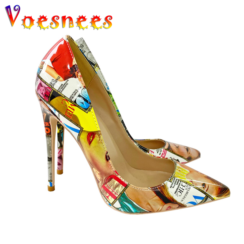 Europe And America Style Colorful Single Shoes Street Fashion Poster High Heels 12CM Nightclub Pointed Toe Women Printing Pumps