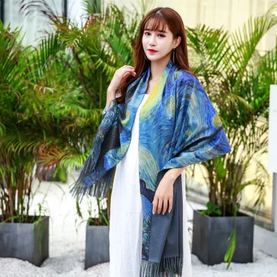 Fashion Oil Painting Scarf Women Winter Warm Van Gogh Painting Tassel Scarves Unique Long Print Wraps Shawl 240909