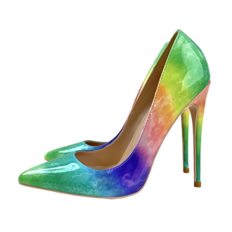 Rainbow Single Shoes 2024 Spring New Gradient Color High Heels 12CM Pointed Casual Shoe Club Women Shallow Mouth Big Size Pumps