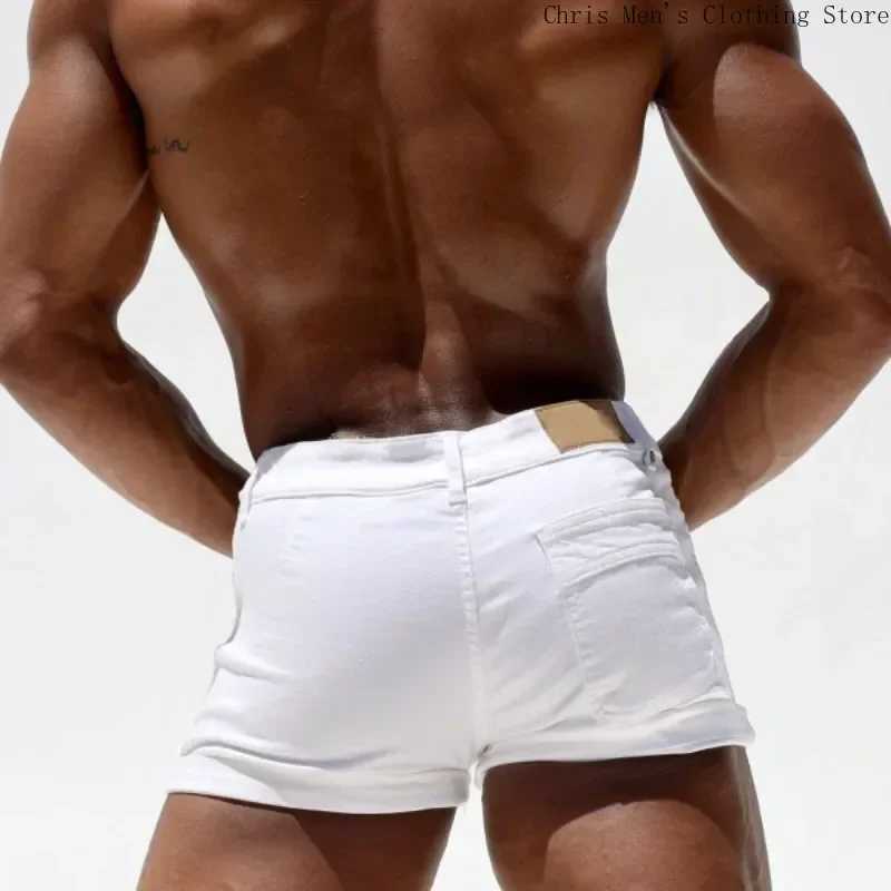 Sports Casual Jeans Summer Shorts Mens Tight Short Shorts Zipper Stretch Slim Mens Shorts Gym and Fitness Training Trousers Y240914