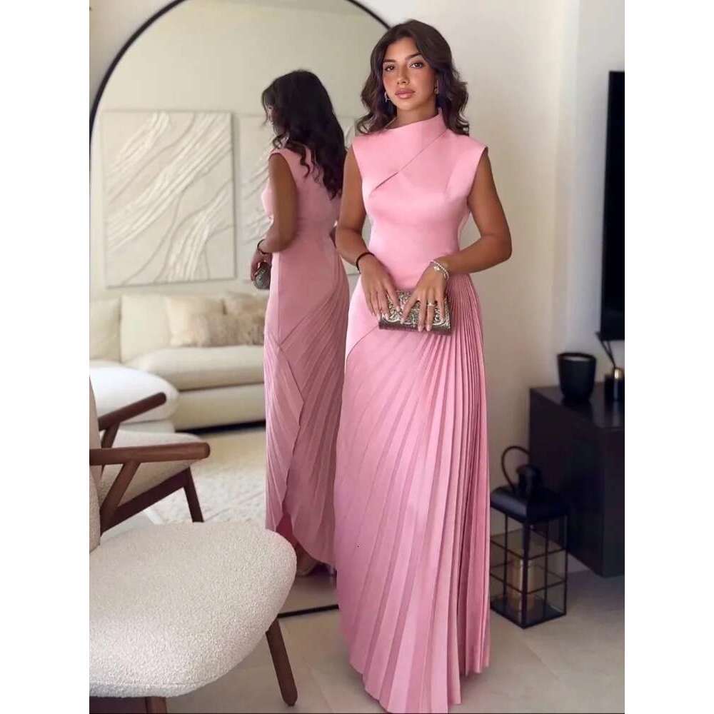 Elegant Pink Pleated Long Dresses Fashion O Neck Sleeveless High Waisted Slim Women's Dress Chic Ladies New Evening Vestidos