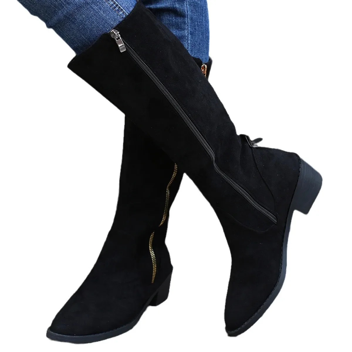 Brown Leopard High Platform Shoes for Women Autumn Winter Sexy Mid-calf Cowboy Riding Boots Botas Mujer 2024