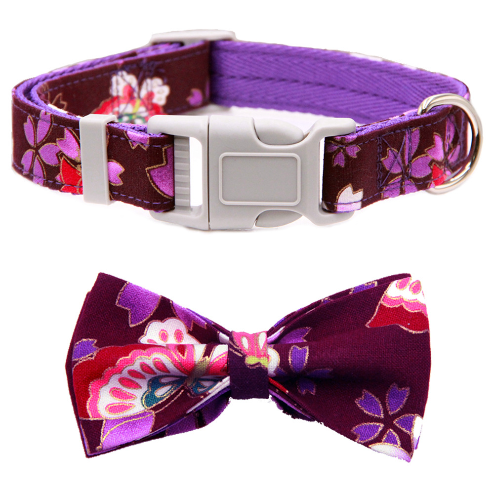 Pet Collar Adjustable Dog Collar Floral Pattern with Bow Decoration D Ring Can Hang Small Items for Small, Medium and Large Dogs