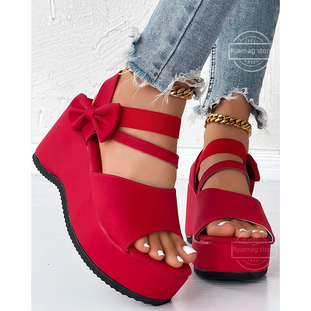 Sandals Women Peep Toe Bowknot Decor Platform Slingback Wed Soft Bottom Wedge Heels Sandalias Mujer Elegant Wedges Shoes