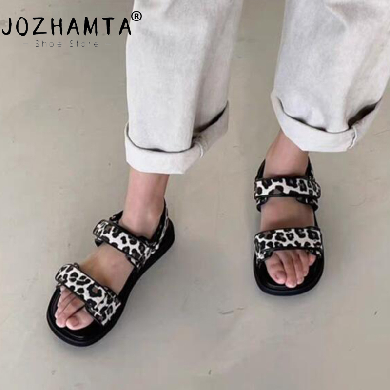 Size JOZHAMTA 34-41 Women Flats Sandals Soft Leather Leopard New Wedges Low Heels Summer Shoes 2025ins Casual Beach Daily Dress 2d8e