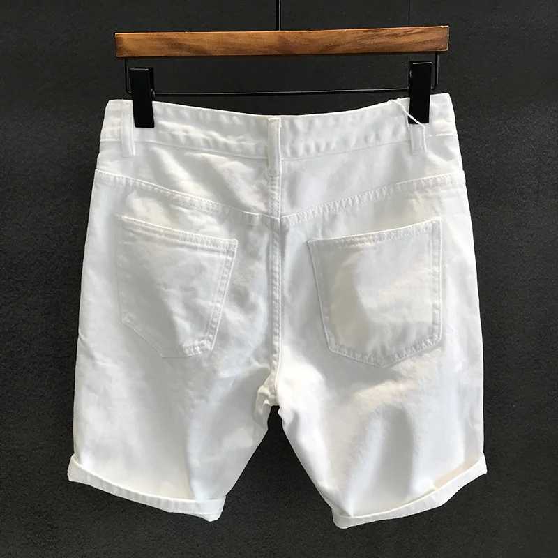 Summer Mens Fashion White Hole Washing Denim Shorts Leisure Scraped Beggar Straight Short PantsX240914