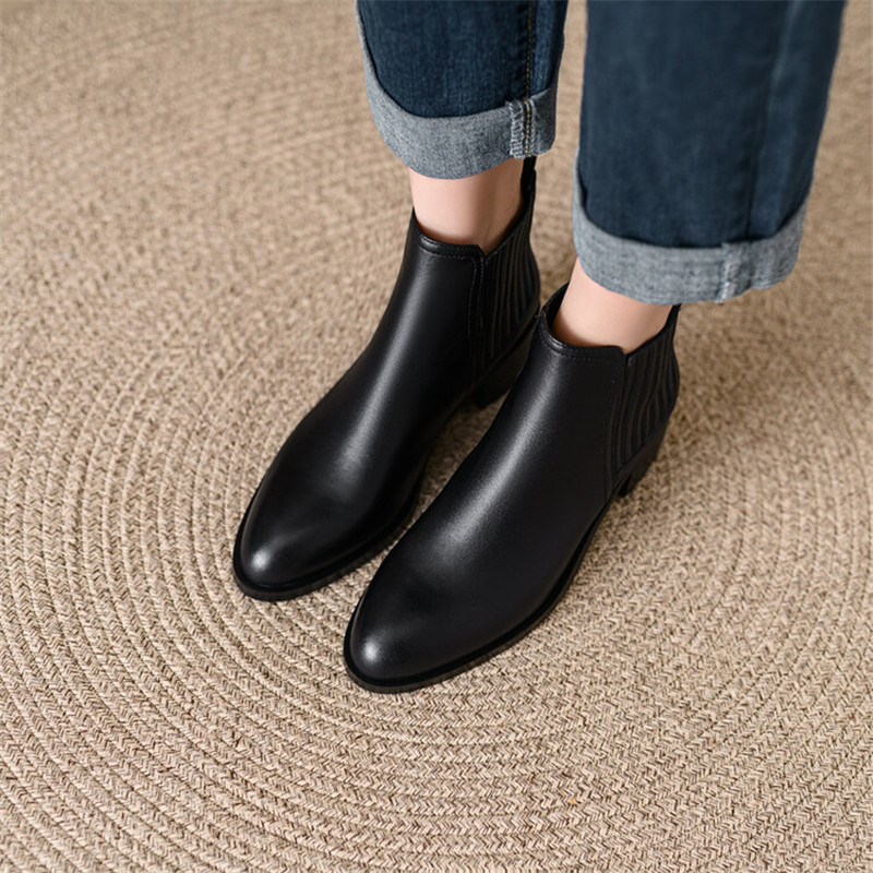 NEW Autumn Winter Genuine Leather Women Boot Fashion Short Boots Round Toe Chunky Shoes for Women Botas De Mujer Chelsea Boots