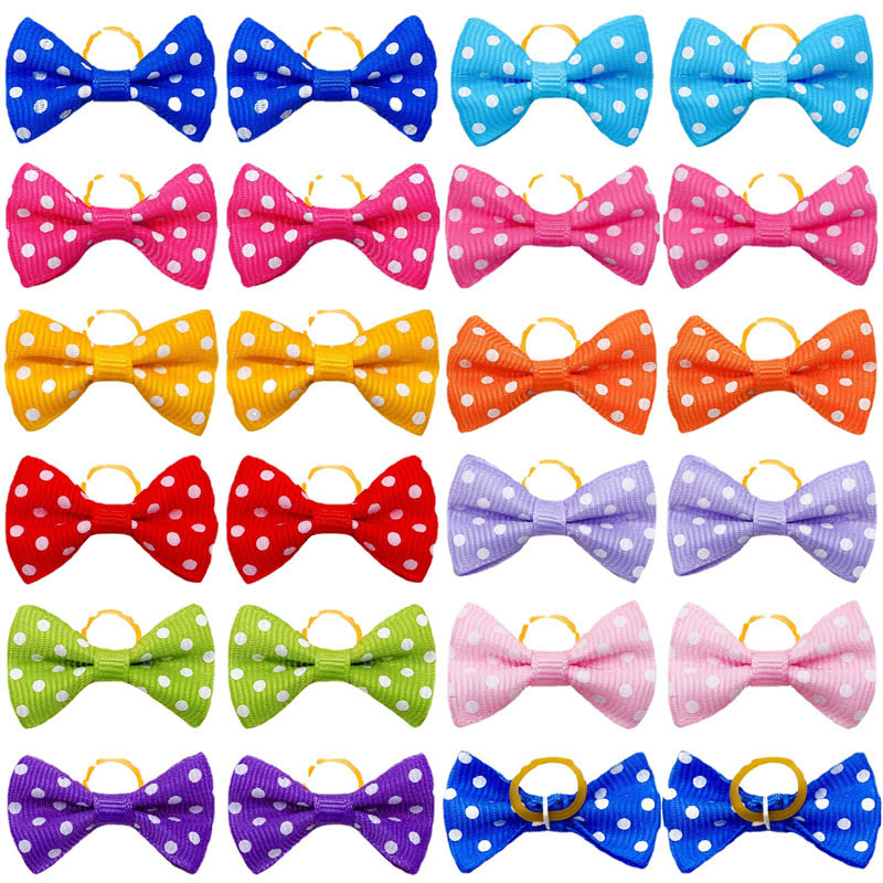 20pcs New Solid Color Polka Dot Bow Leather Band Headdress Cat Hair Decoration Holiday Dress Up Puppy Grooming Pet Accessories