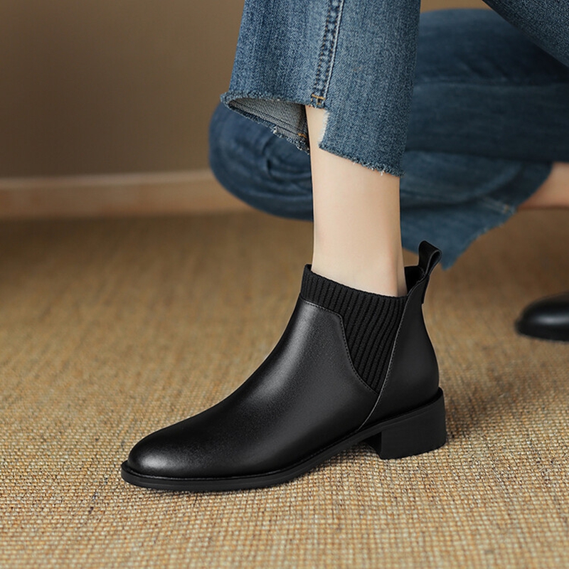 Autumn NEW Round Toe Chunky Heel Split Leather Shoes for Women Casual Slip-on Ankle Black Handmade Boots 3772