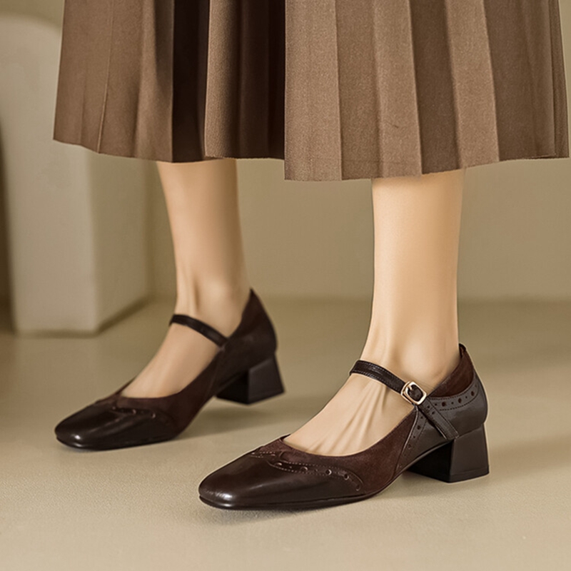 2025 new Pumps Spring/Autumn Square Toe Chunky Heel Sheep Suede Leather Shoes for Women Elegant High Heels Buckle Mary Janes febf s