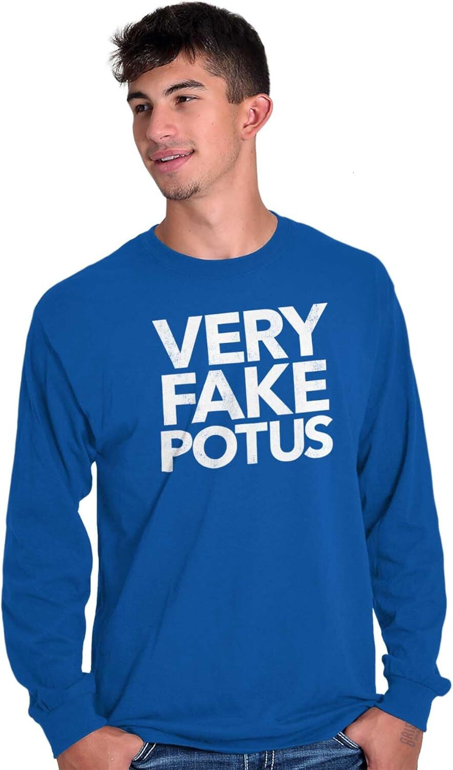 Men Very Fake POTUS USA President Joke Long Sleeve Tshirt Men Women Mens crew neck sweater