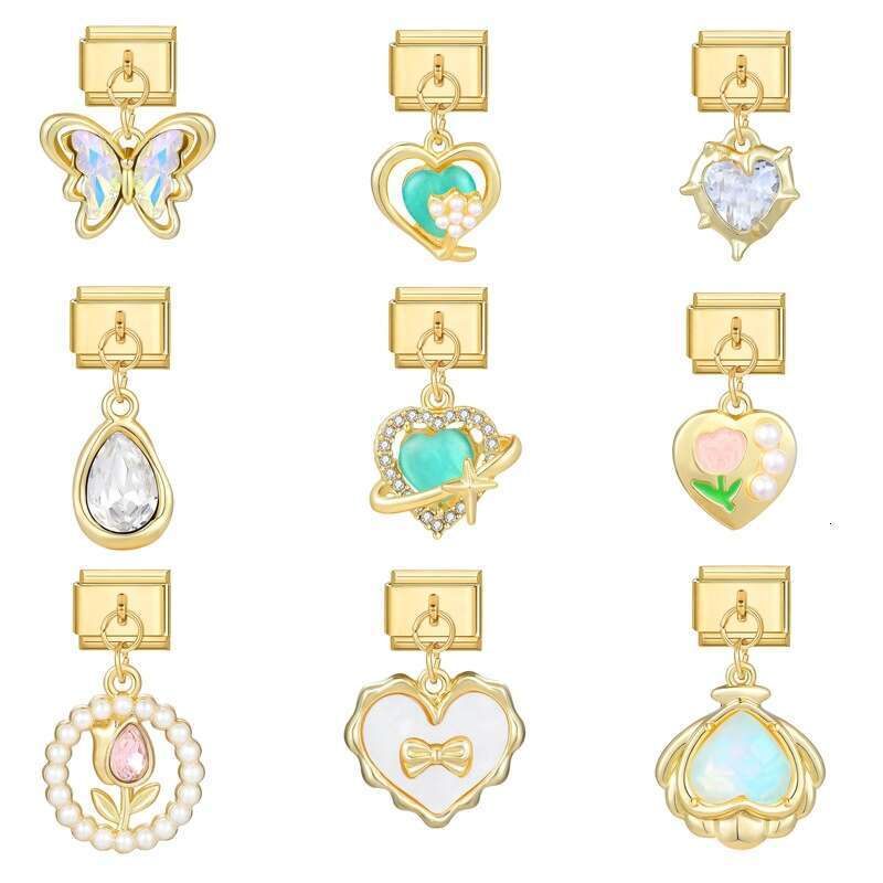 New Women's Gift Sun butterfly heart with gold Pendant Italian Charms Links Bangle Beads Fit 9mm Stainless Steel Bracelet Making DIY For Women Fa