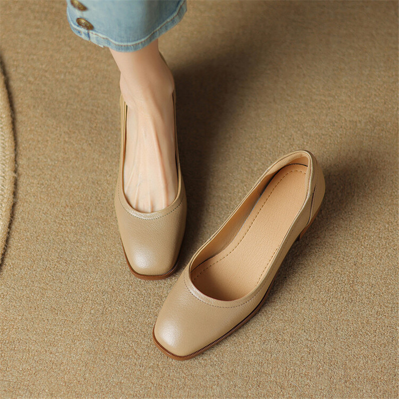 NEW Spring Autumn Genuine Leather Women Shoes Fashion Square Toe Chunky Shoes for Women Shallow Women Pumps Apricot Zaptos Mujer