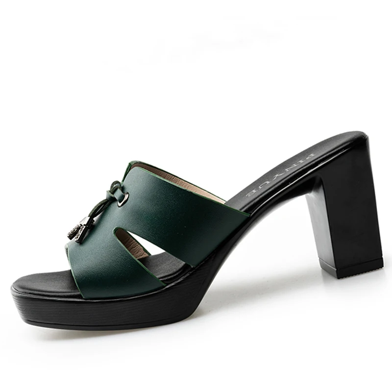 Small Size 35-41 Elegant Knot Block High Heels Slides Women Platform Shoes Summer Outside Model Office Thick Sole Slippers