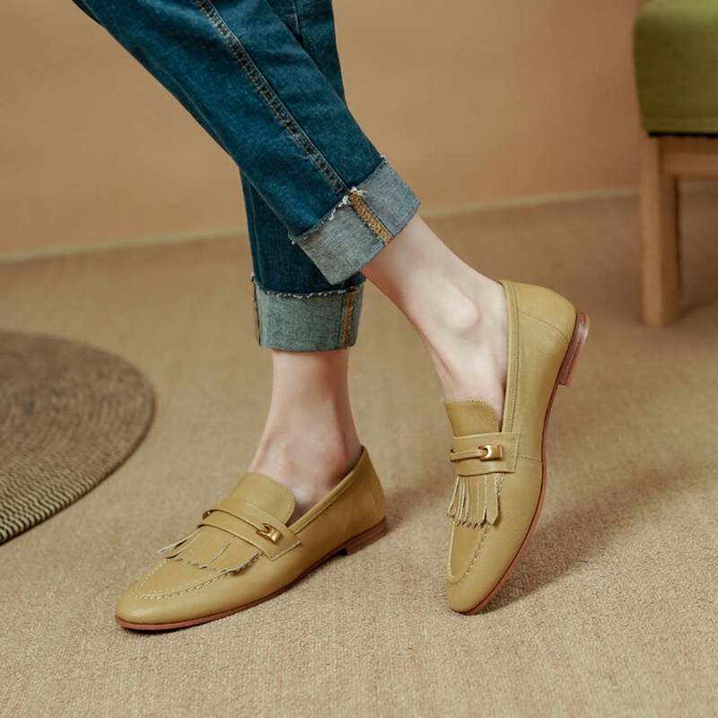 2023 Spring Women Loafers Genuine Leather Shoes for Women Round Toe Chunky Heel Shoes Tassel Low Heel Women Pumps Female Shoes