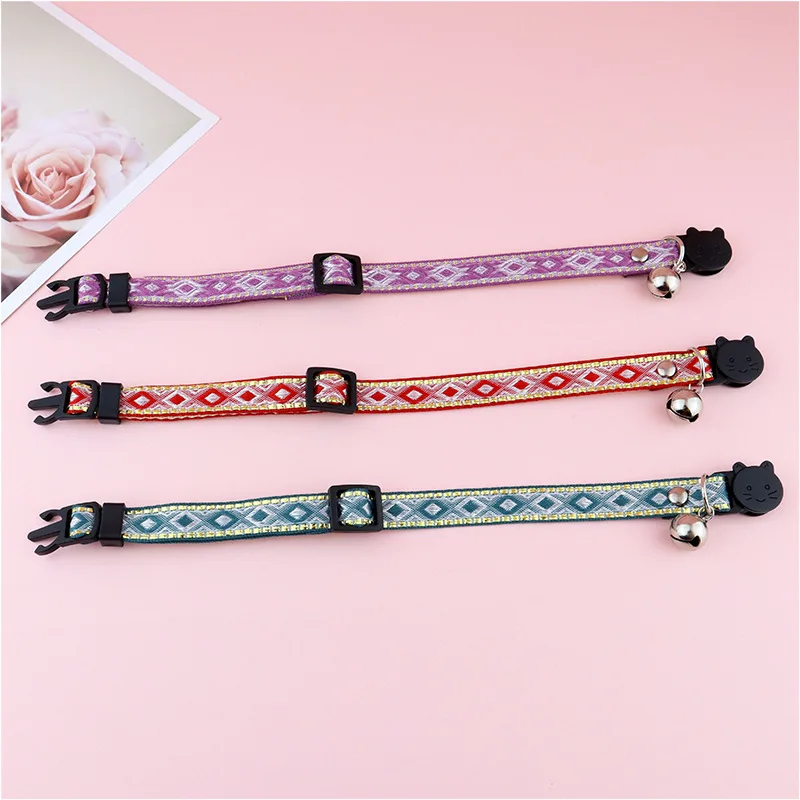 Cat Collar Bell Gold Silk Edge Ethnic Style Pet Collar Anti-Suffocation Adjustable Small Dog Cat Collar Pet Supplies Accessories