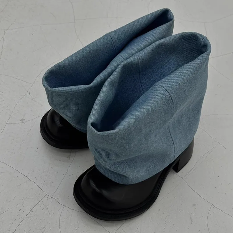 Fashionable Black Blue Denim Shorts Pants New Bottom Retro Round Head Thick Heel Wrinkled Lazy Ankle Boots Size 43