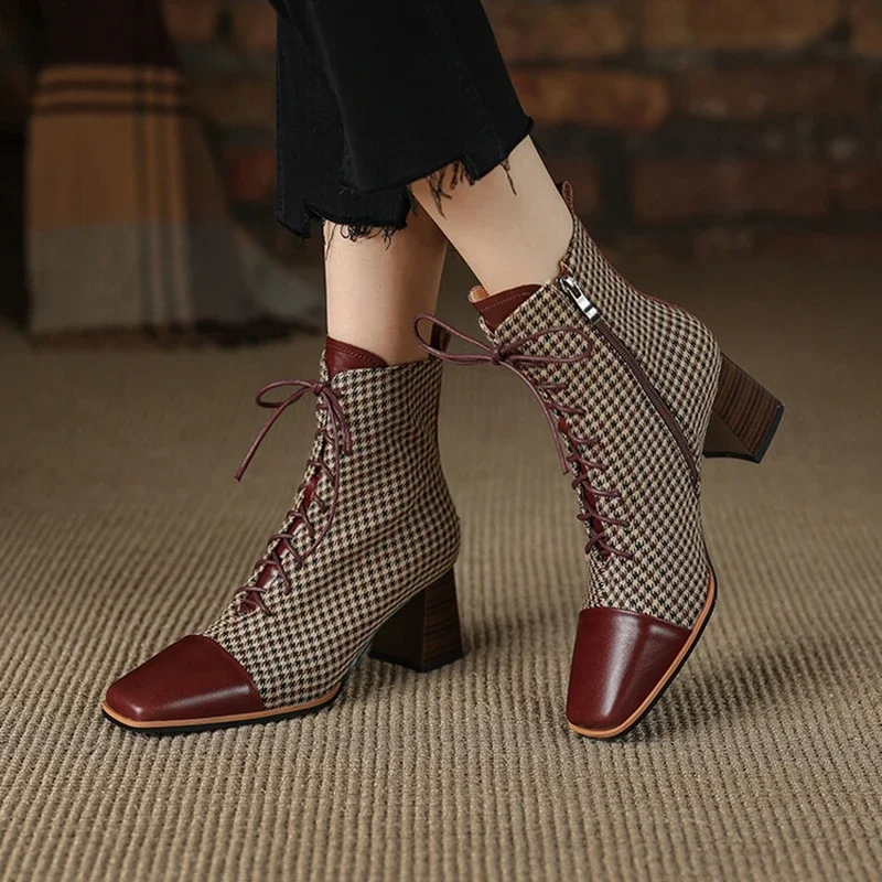 Fall New Shoes Cow leather Cotton Fabric Short Concise Round Toe Chunky Winter Lattice Modern Boots for Women 8c75