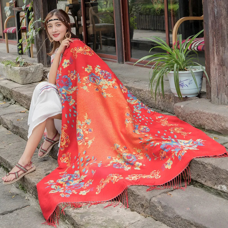 140*140cm Travel Shawl Women Cashmere Pashmina Scarf Winter Female Elephant Tassel Wraps All-match Square Blanket 240909