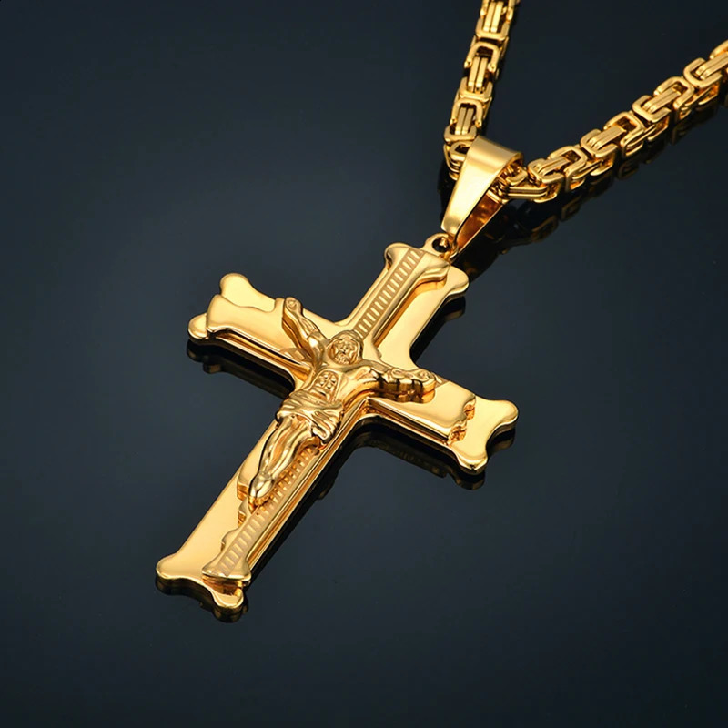 Stainless Steel Big Jesus Cross Pendant With Long Chain Mens Gold Color Crucifix Necklaces Male Religious Jewelry Drop 240910