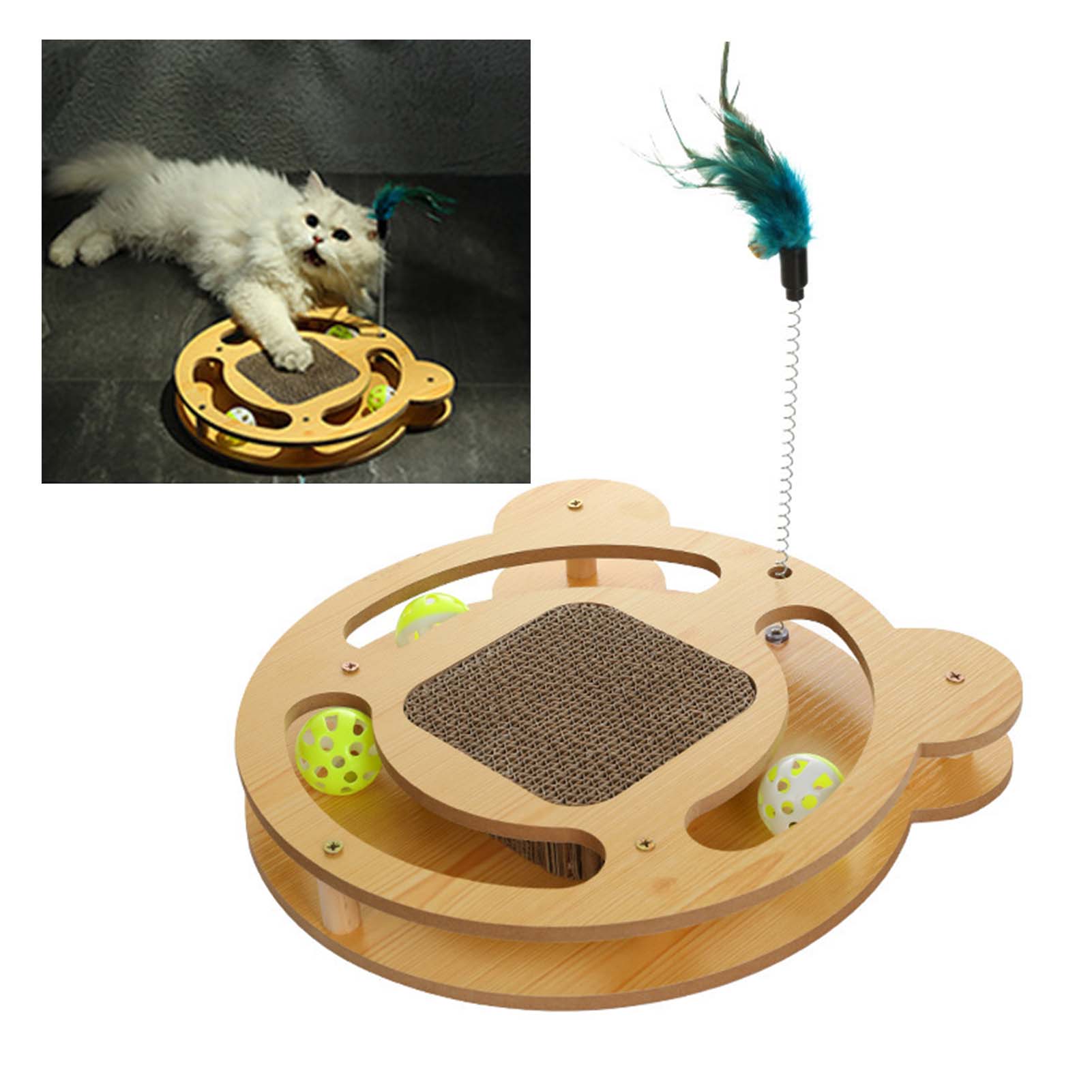 Cat Turntable Toy Interactive Fun 3 In 1 Grinding Claws Relieve Boredom Cat Scratcher Toy With Teaser Stick And Balls