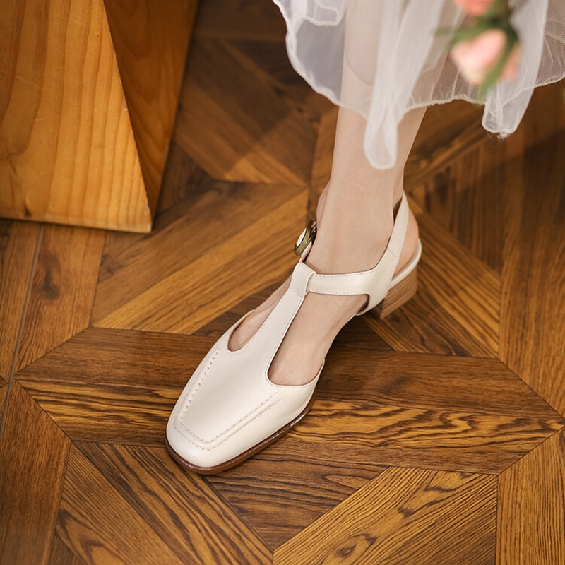 Summer 2022 Square Toe Chunky Sandals Genuine Leather High Heel Mary Janes Concise Shoes for Women 7088