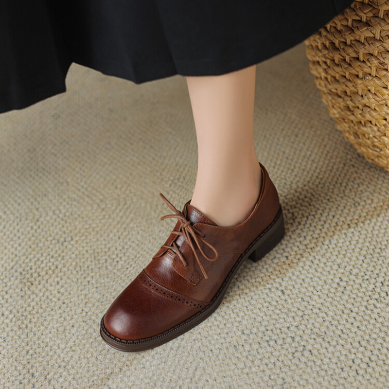 Spring/Autumn NEW Genuine Leather for Round Toe Chunky Women Pumps Lace-up High Heel Shoes f85e
