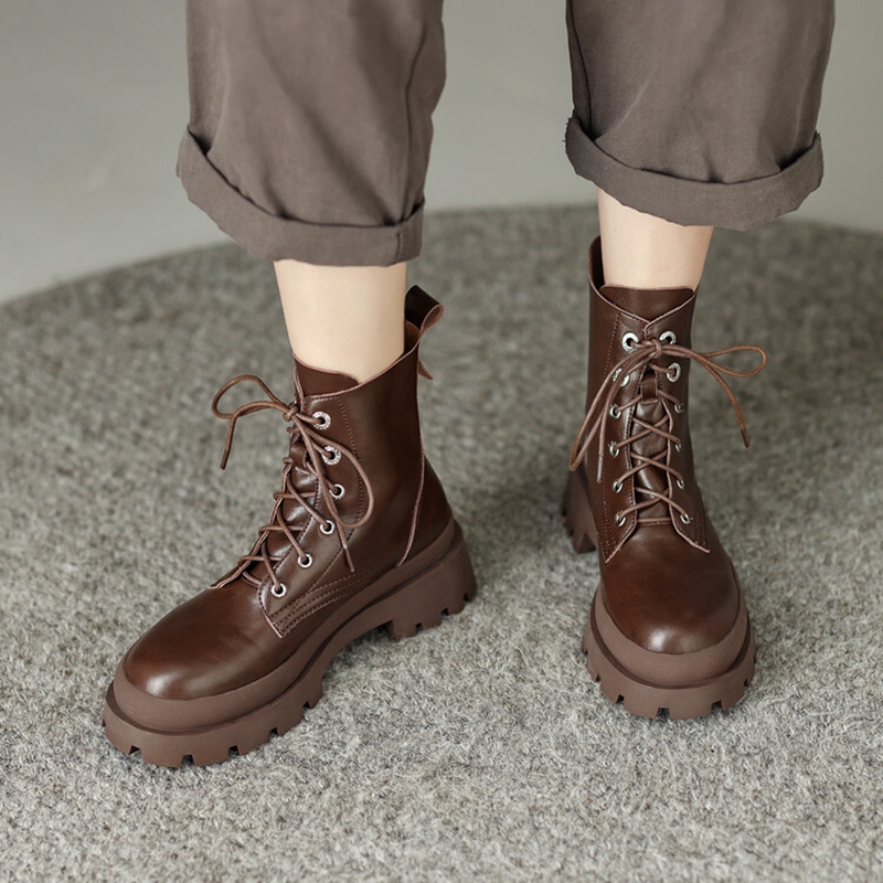 Round Autumn Toe Thick Heel Concise Lace-up Shoes for Women Winter Platform Short Designer Boots b417 Platm