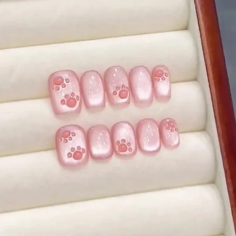 10Pcs Pink Handmade Press-On Nails Cat Eye with Paw Pattern Nail Tips Short Square False Nail for Women for Wear 240914