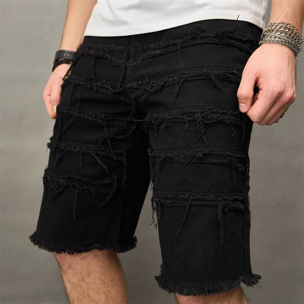 New Summer Streetwear Men Ripped Splicing Slim fit Denim Shorts Stylish Male Solid Straight Casual Jean Five-point PantsX240914