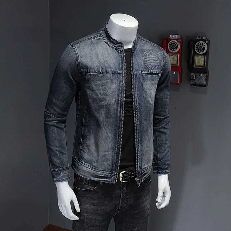 New vertical collar blue denim jacket mens slim fit motorcycle style casual outdoor top W240914