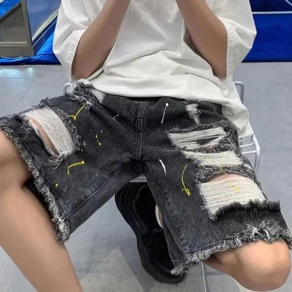 2024 Hip Hop Ripped Denim Shorts Streetwear Men Vintage Destroyed Hole Baggy Jeans Pants Fashion Summer Loose Shorts BlackX240914