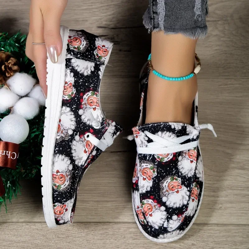 Christmas Sneakers Woman Lonely Canvas Shoes Autumn Santa Claus Print Fashion Breathable Casual Flat Shoes New Year Gifts