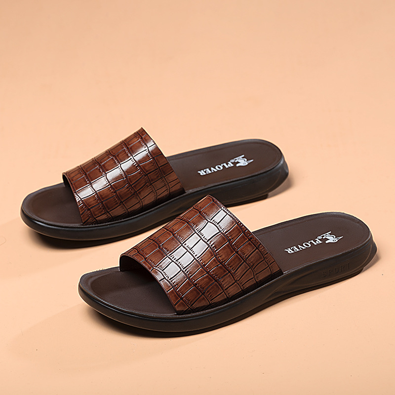 Summer New Shoes for Men Genuine Leather Slipper Stone Pattern Casual Sandals Comfortable Slides Cool Beach Shoes