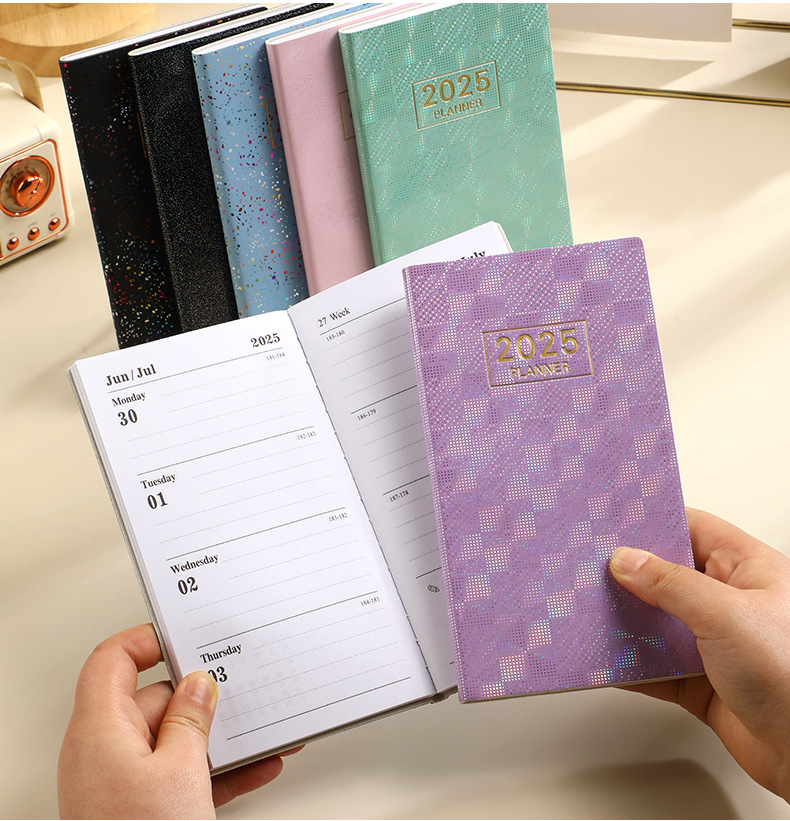 Cross-border laser 2025 a6 English calendar book colorful star color notebook leather thin weekly calendar plan book