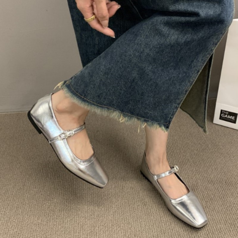 Women's Flats 2024 Summer Mary Janes Shoes Silver Gold Ballet Flats Square Toe Black Woman Shoes Comofrtable Zapatos Mujer 1815N