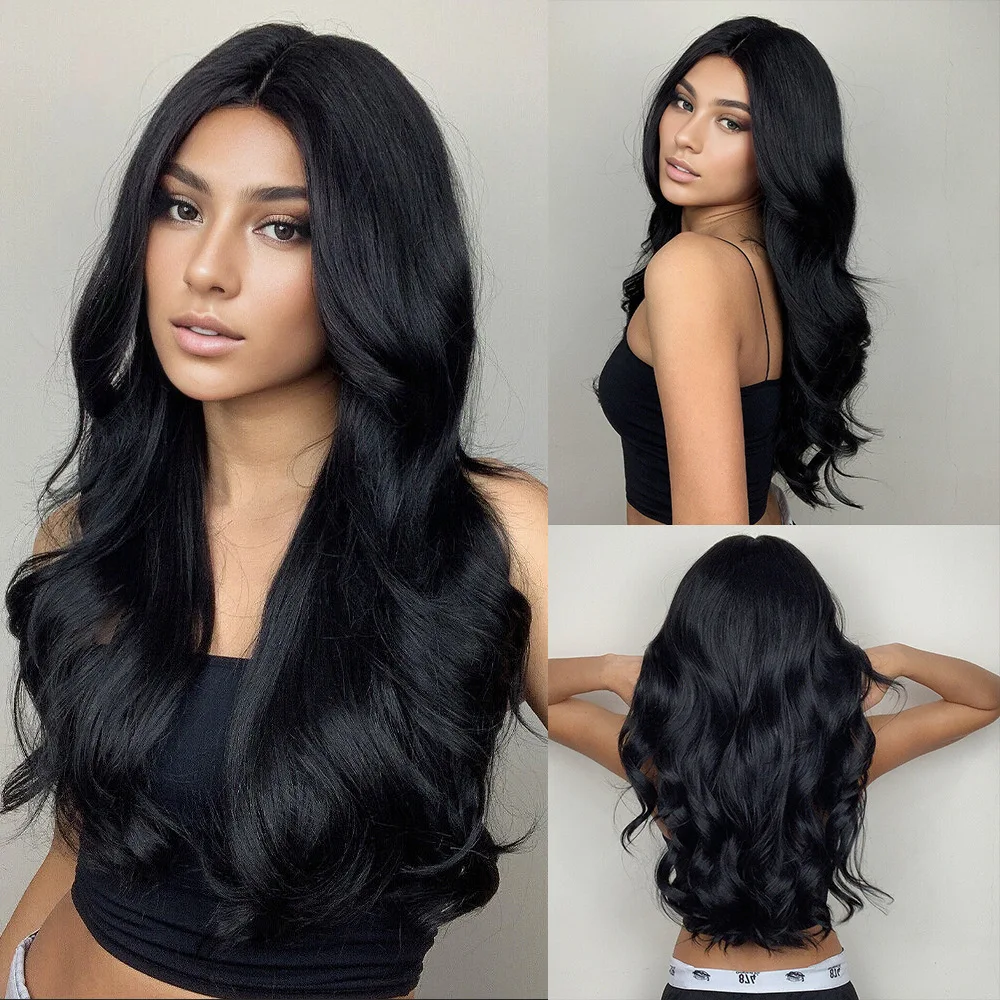 26 inch new fashionable gold wine red medium length synthetic fiber high-temperature silk wig for women and waist long curly hair artificial material 