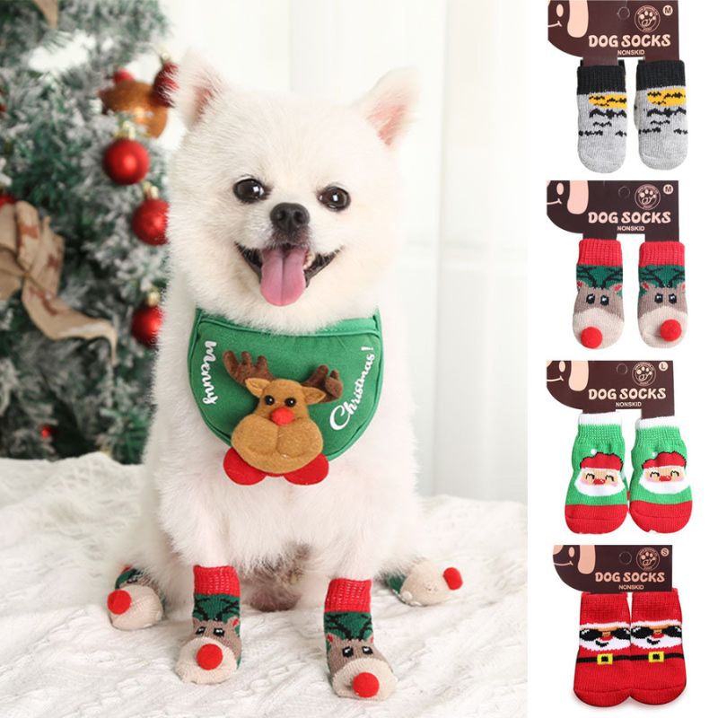 4pcs/set Christmas Winter Dog Socks Cute Pattern Foot Covers Warm Anti Slip Shoes Puppy Paw Protector Gift For Puppy Cat Dogs