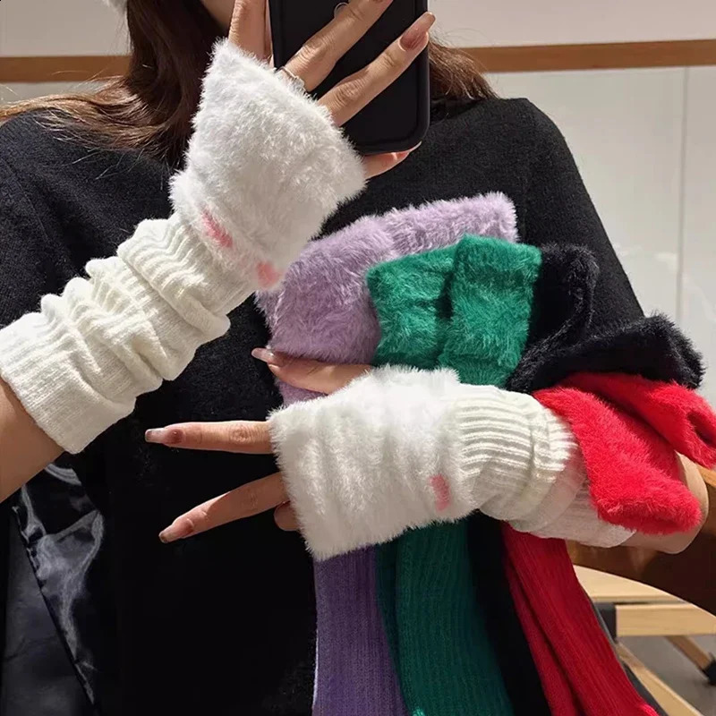 Mink wool soft long gloves winter half finger womens warm and ious white plush knitted fingerless 240911