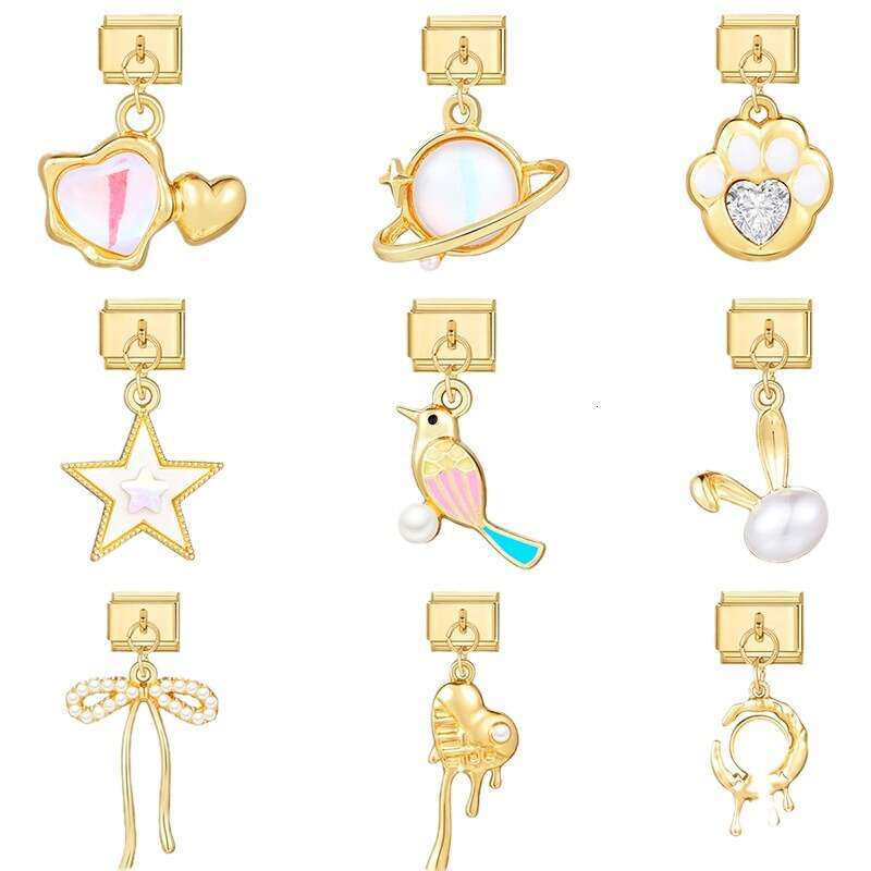 New Women's Gift Gold plated Pendant Heart bead Italian Charms Links Bangle Beads Fit 9mm Stainless Steel Bracelet Making DIY For Women Fashion J