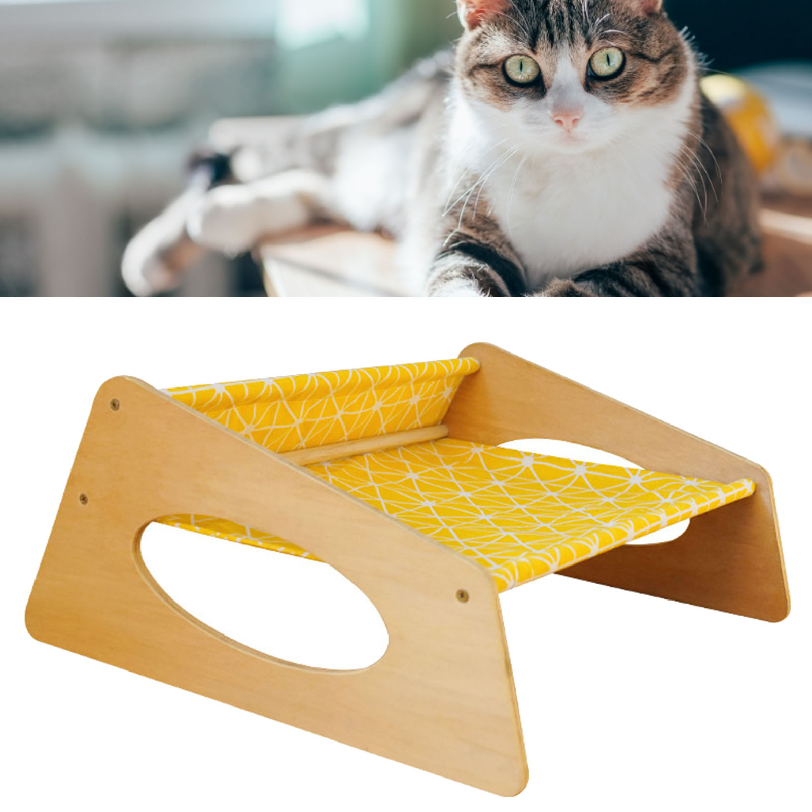Cat Bed Hammock Medium Breathable Sturdy Linen Comfortable Elevated Cat Bed For Indoor Yellow Geometric
