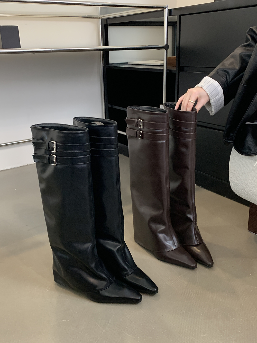Pointed Toe Women Winter Boots Wedge High Heels Belt Buckle Black Brown PU Leather Chelsea Botas Fashion Dress Shoes Woman 39